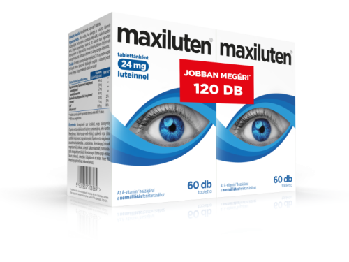 Maxiluten növényi kivonatokat, luteint, zeaxantint, A-vitamint, cinket és C-vitamint tartalmazó étrend-kiegészítő tabletta, 2x60 db-os csomag