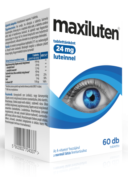Maxiluten növényi kivonatokat, luteint, zeaxantint, A-vitamint, cinket és C-vitamint tartalmazó étrend-kiegészítő tabletta, 60 db