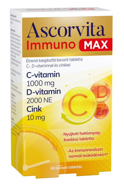 Ascorvita Immuno MAX Étrend-kiegészítő bevont tabletta C-, D-vitaminnal és cinkkel 60x