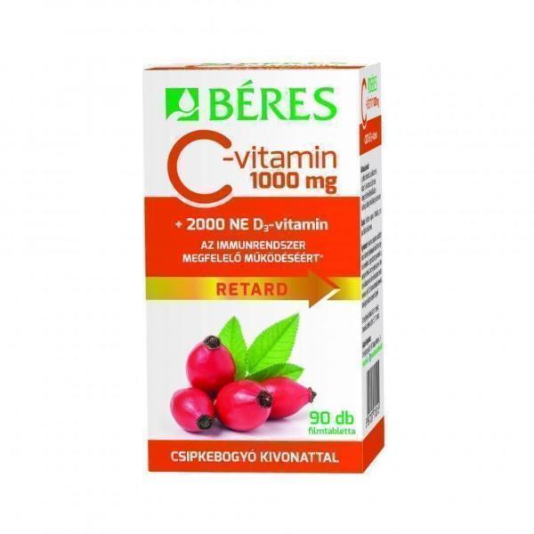 Béres C-vitamin 1000 mg RETARD filmtabletta csipkebogyó kivonattal + 2000 NE D3-vitamin, 90 db