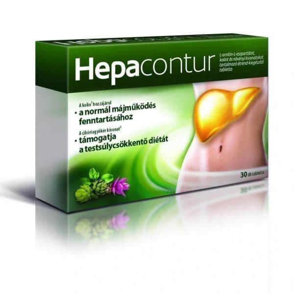 Hepacontur L-ornitin-L-aszpartátot, kolint és növényi kivonatokat tartalmazó étrend-kiegészítő tabletta, 30 db