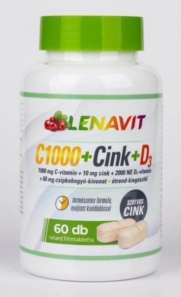 LenaVit C1000 + szerves cink + D3 /2000 NE/ + 60 mg csipkebogyó, retard, 60 db