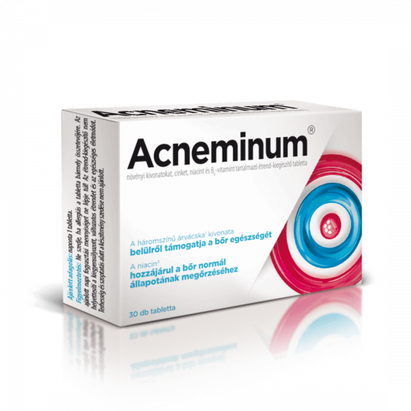 Acneminum növényi kivonatokat, cinket, niacint és B6-vitamint tartalmazó étrend-kiegészítő tabletta, 30 db